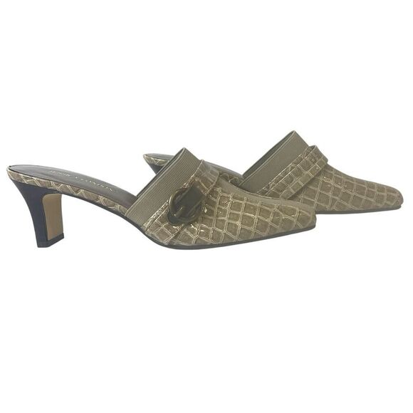 Jessica London Womens Sz 8M Mule Heels Slip On Glossy Beige Studded Faux Leather - Picture 4 of 8